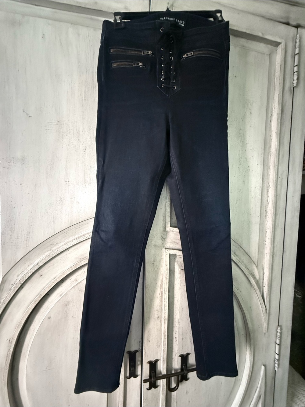 Veronica Beard Navy Lace-Up Skinny Jeans with Zip Pockets